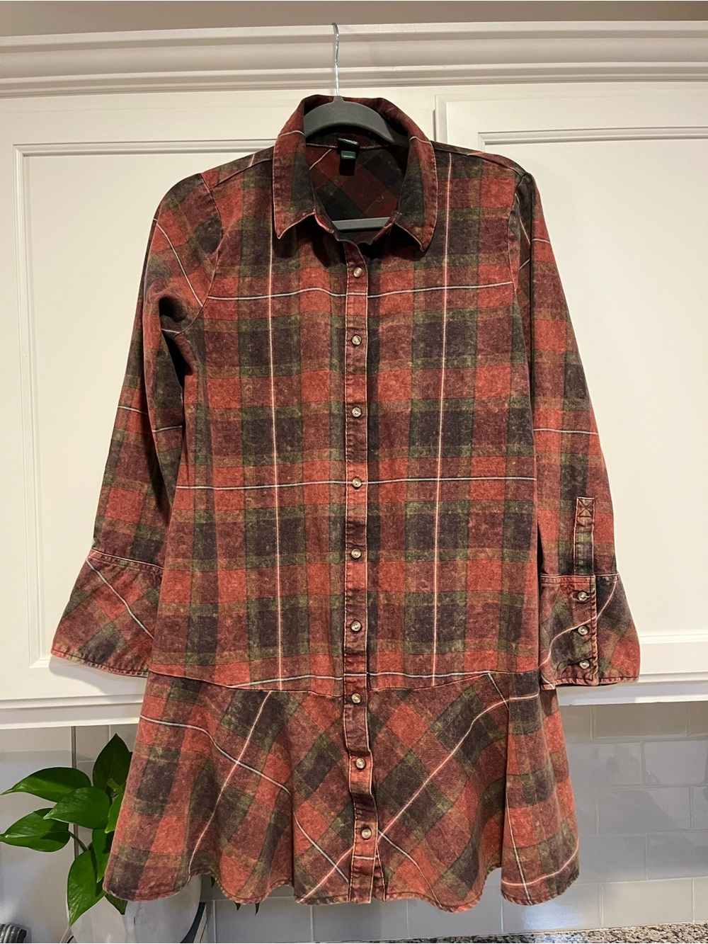Wild Fable Women's Brown Green Plaid Flannel Cotton Button Front Shirt Dress M